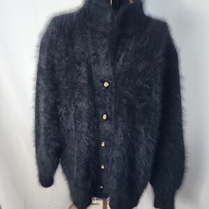 Vintage Soft Quiet Luxury Angora Cardigan Sweater With Rhinestone Buttons